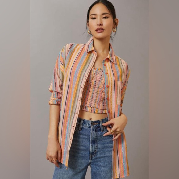 PILCRO by ANTHROPOLOGIE NWOT Long Sleeve Boyfriend Striped Shirt in Peach - Picture 1 of 10